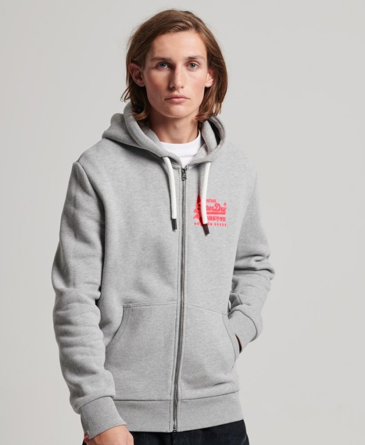 Superdry Vintage Logo Neon Zip Hoodie Grey Men