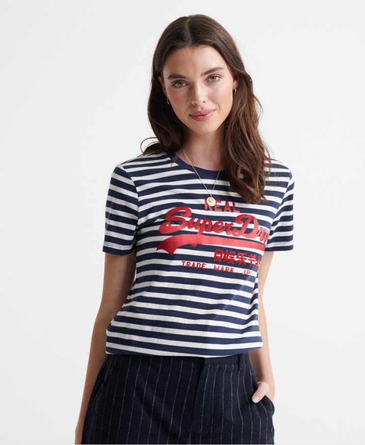 Superdry Vintage Logo Satin Stripe T-Shirt Navy Women