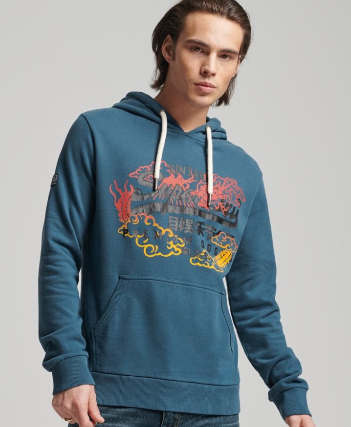 Superdry Vintage Logo Unbrushed Narrative Hoodie Blue Men