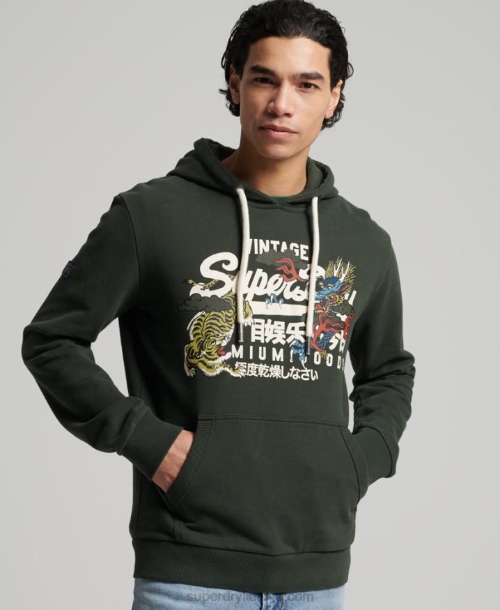 Superdry Vintage Logo Unbrushed Narrative Hoodie Green Men