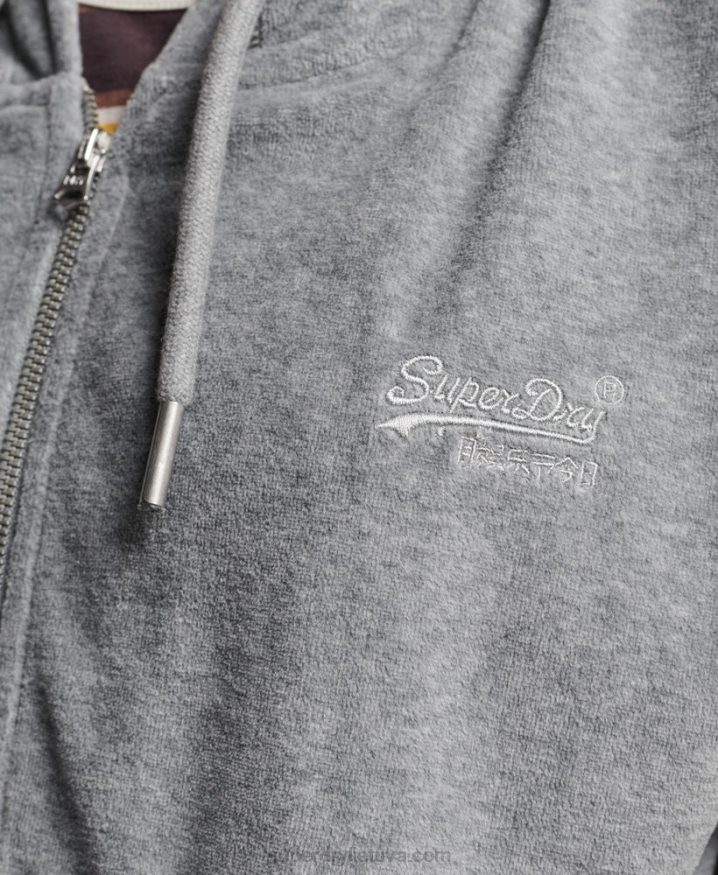Superdry Organic Cotton Vintage Logo Velour Zip Hoodie Grey Women